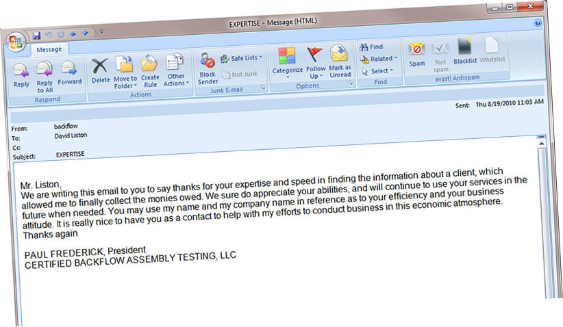 Expertise email from Certified Backflows Private Investigation Results
